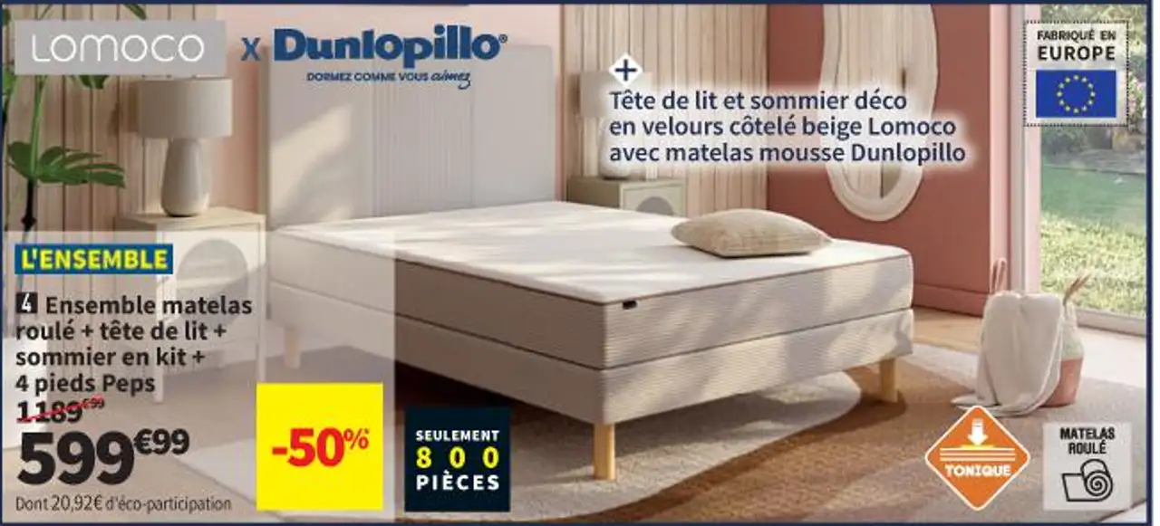 Ensemble matelas roulé + tête de lit + sommier en kit + 4 pieds Peps