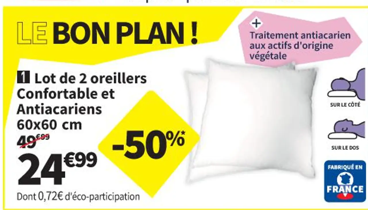 DODO Lot de 2 oreillers Confortable et Antiacariens 60x60 cm