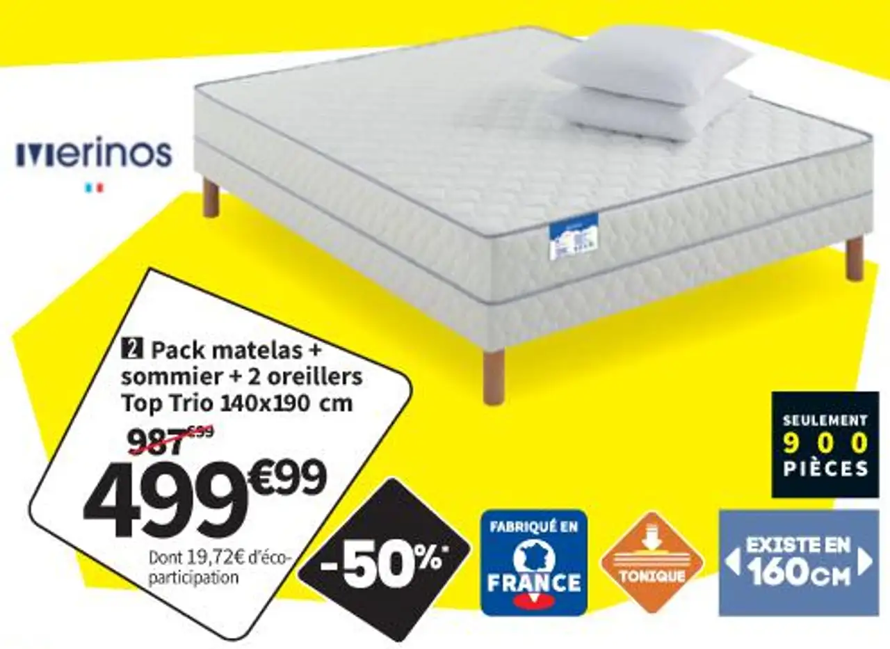 Pack matelas + sommier + 2 oreillers Top Trio 140x190 cm Merinos