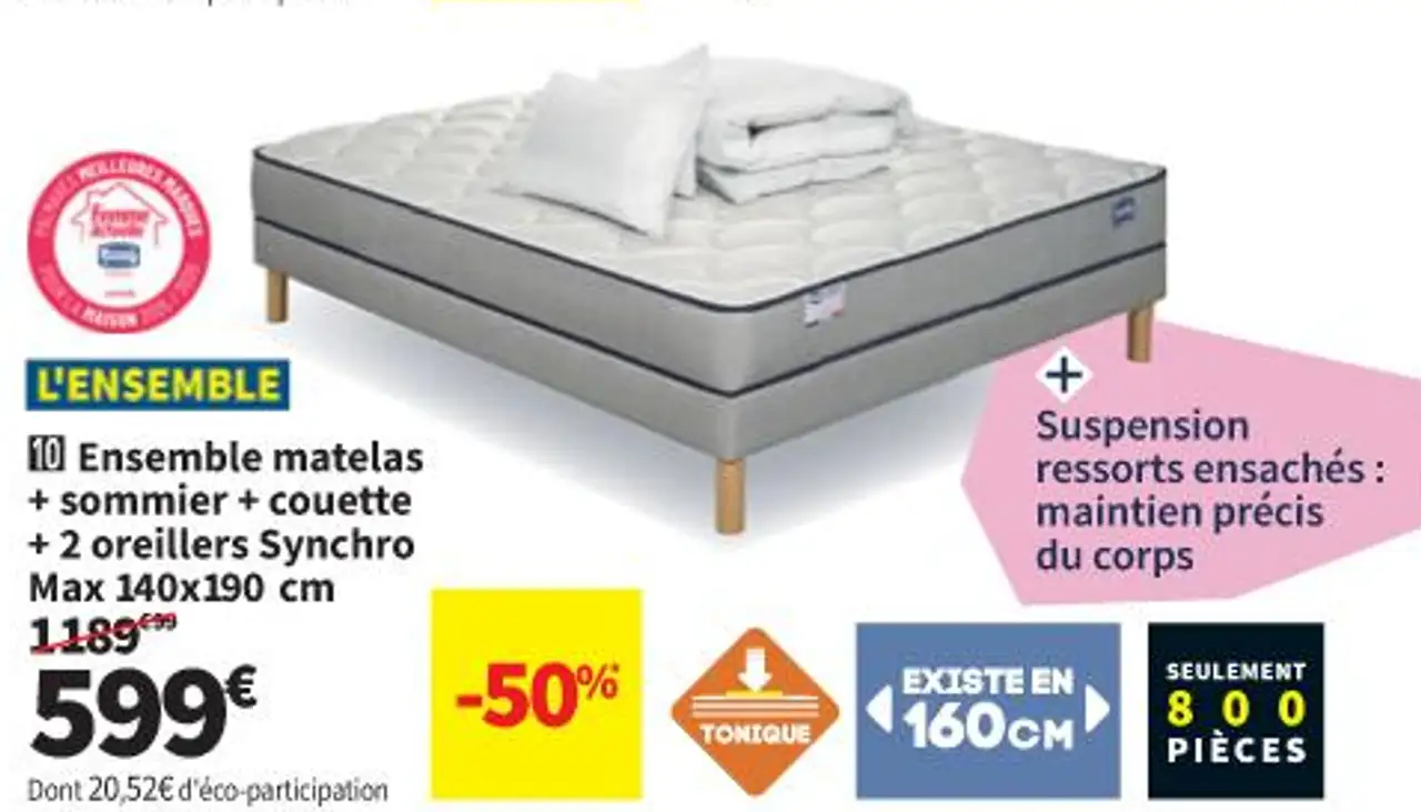 Simmons Ensemble matelas + sommier + couette + 2 oreillers Synchro Max 140x190 cm
