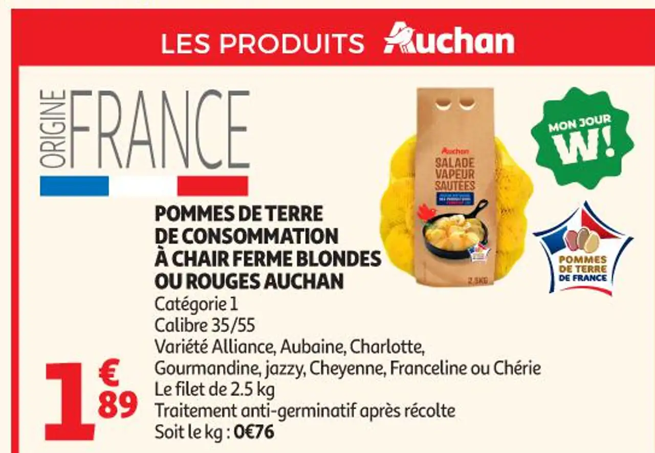 Pommes de terre de consommation à chair ferme blondes ou rouges Auchan