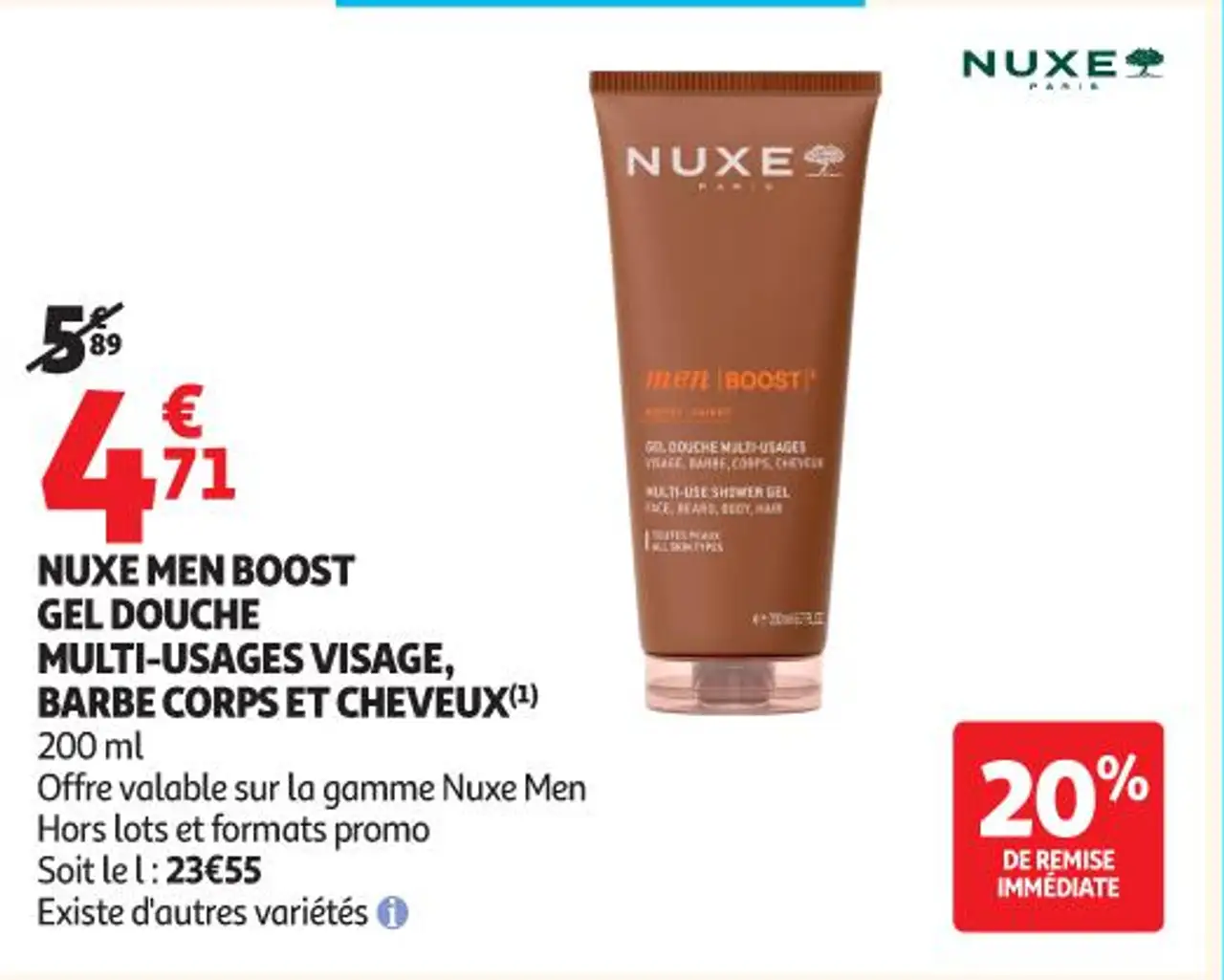 Nuxe Men Boost Gel Douche Multi-usages Visage, Barbe, Corps et Cheveux