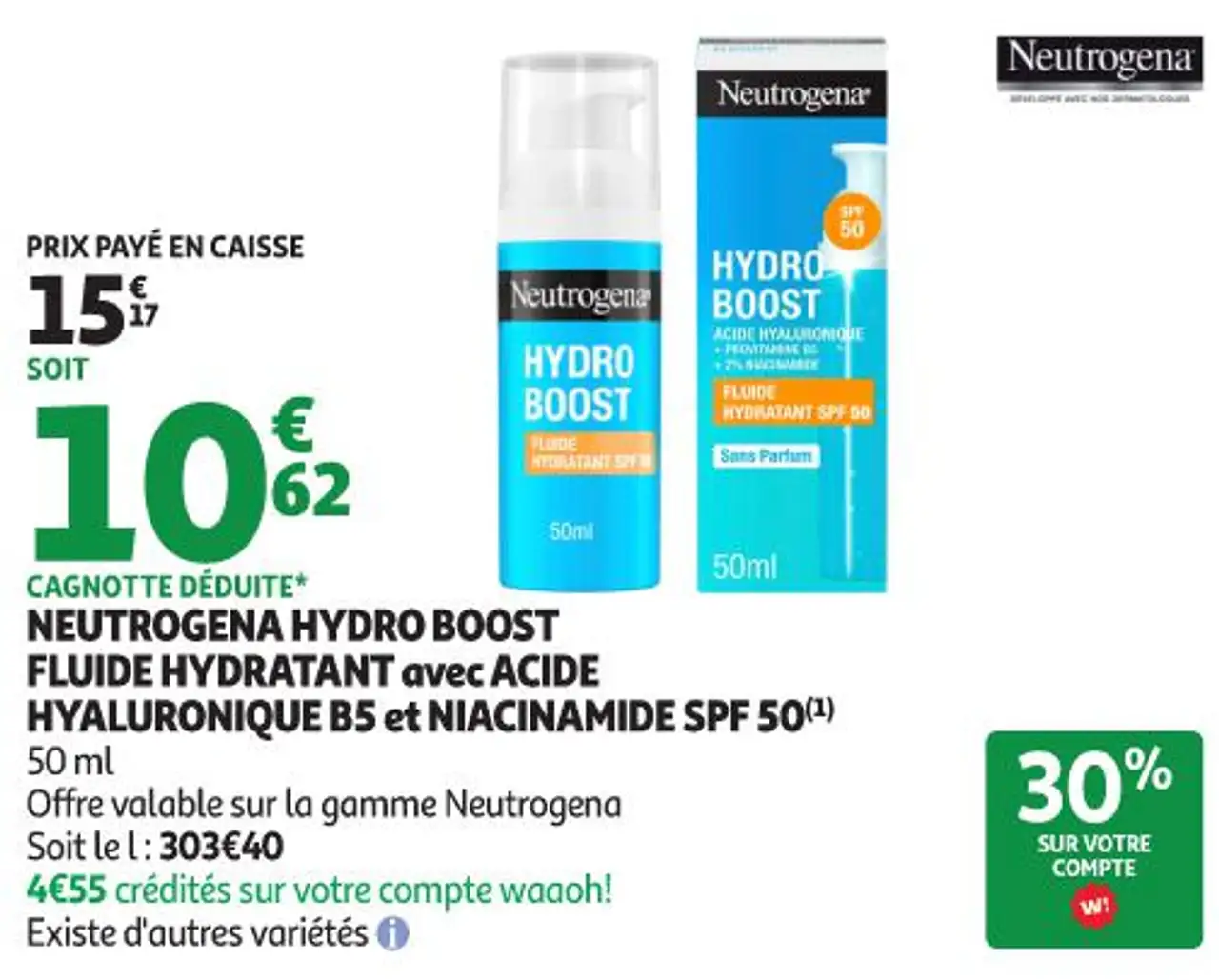 Neutrogena Hydro Boost Fluide Hydratant avec Acide Hyaluronique B5 et Niacinamide SPF 50