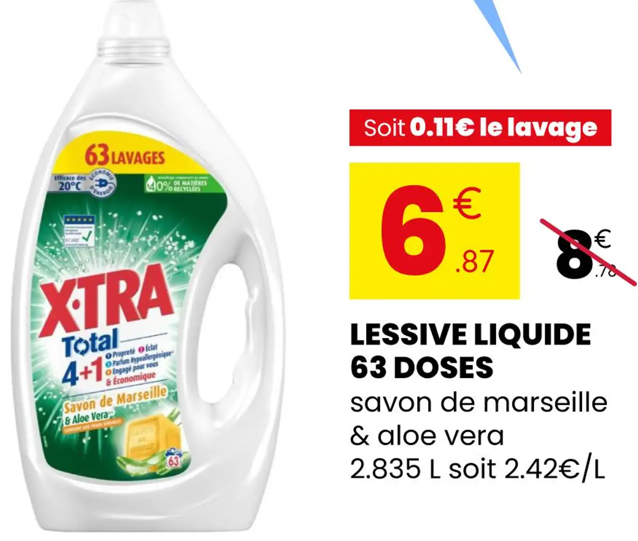 XTRA Lessive Liquide 63 Doses savon de marseille & aloe vera