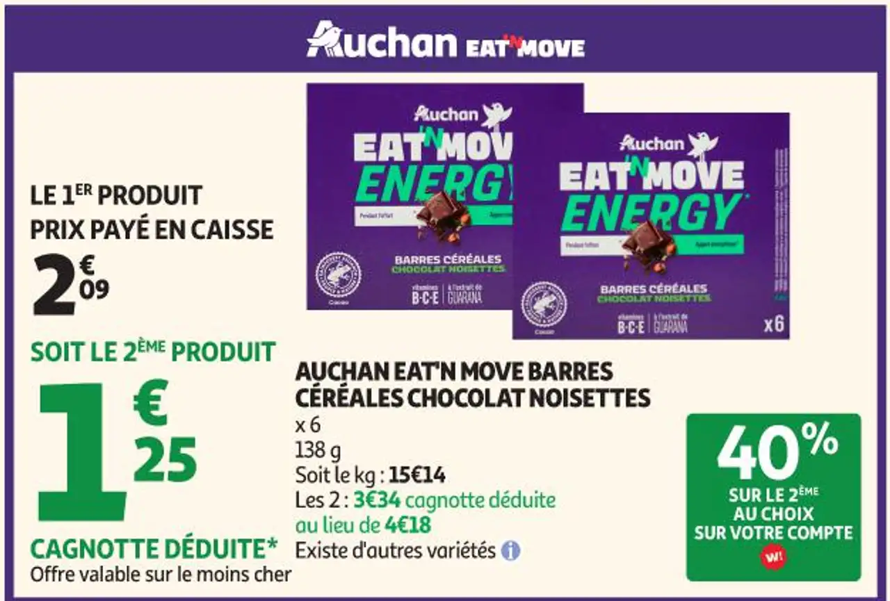 Auchan Eat'n Move Barres Céréales Chocolat Noisettes