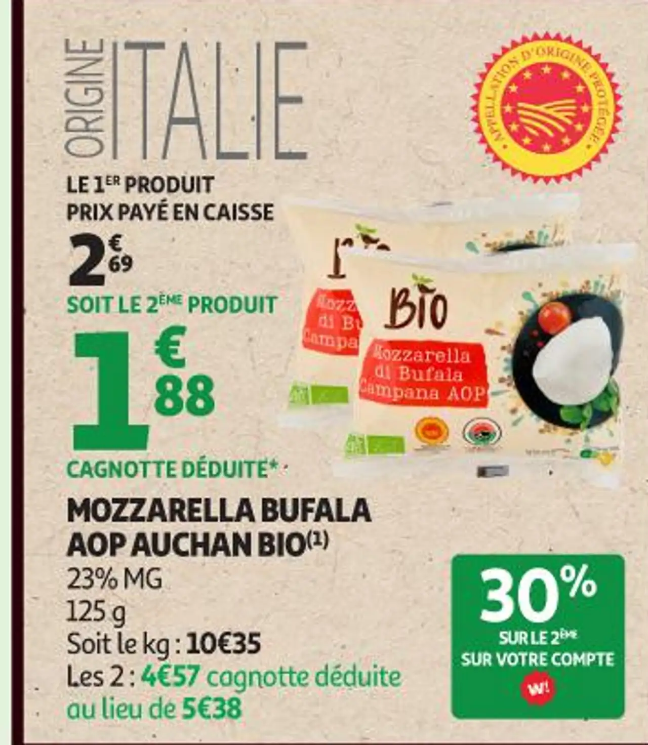 MOZZARELLA BUFALA AOP AUCHAN BIO