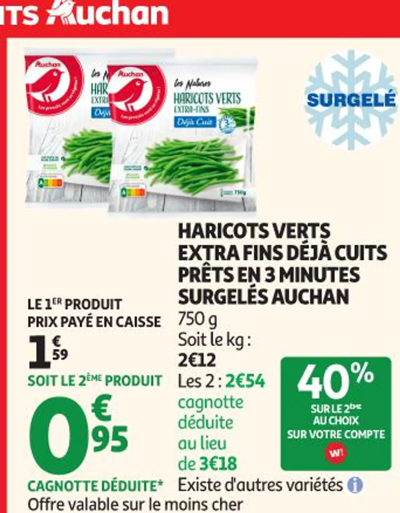 Haricots verts extra fins déjà cuits prêts en 3 minutes surgelés Auchan