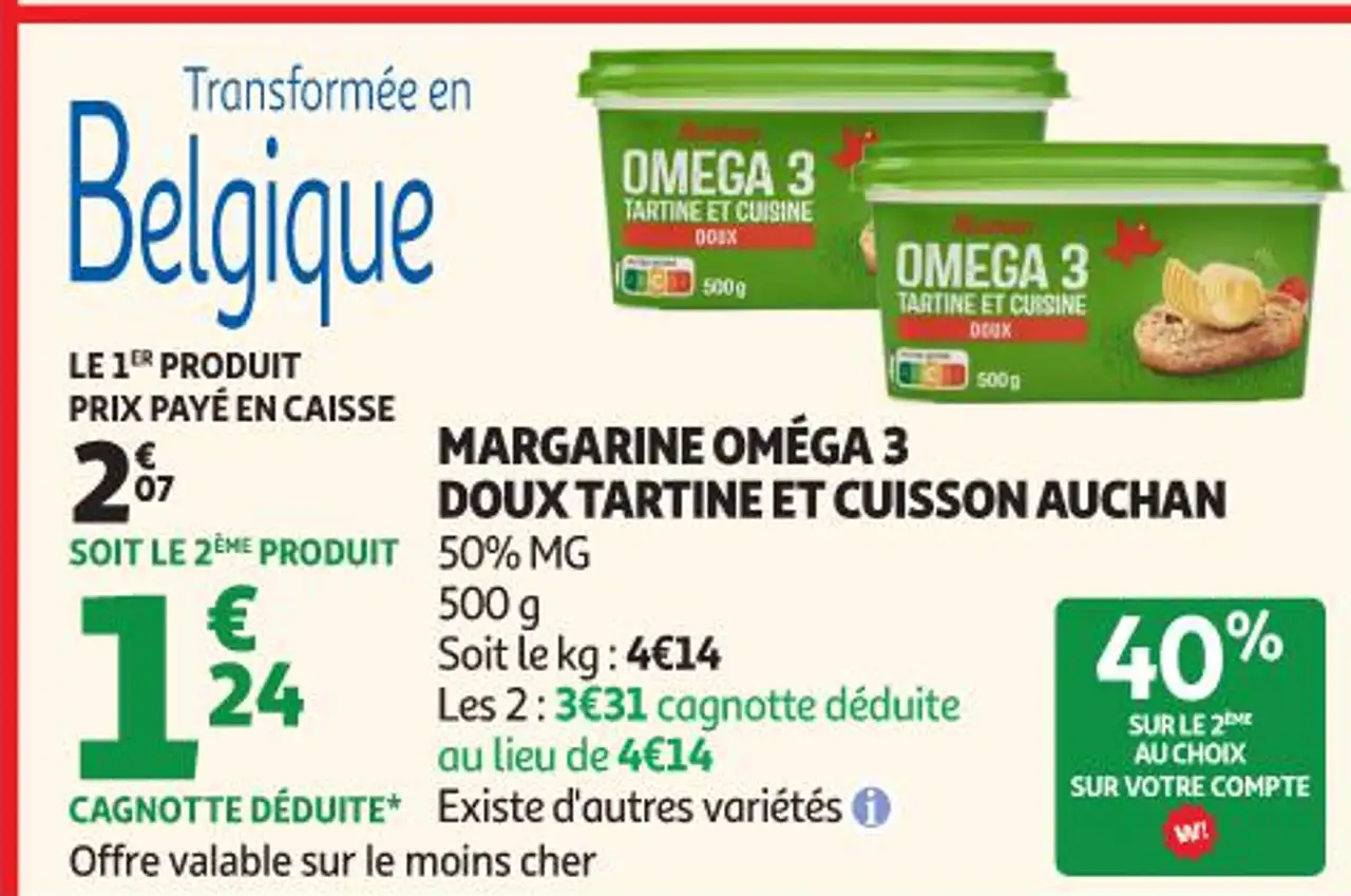 Margarine Oméga 3 Doux Tartine et Cuisson Auchan