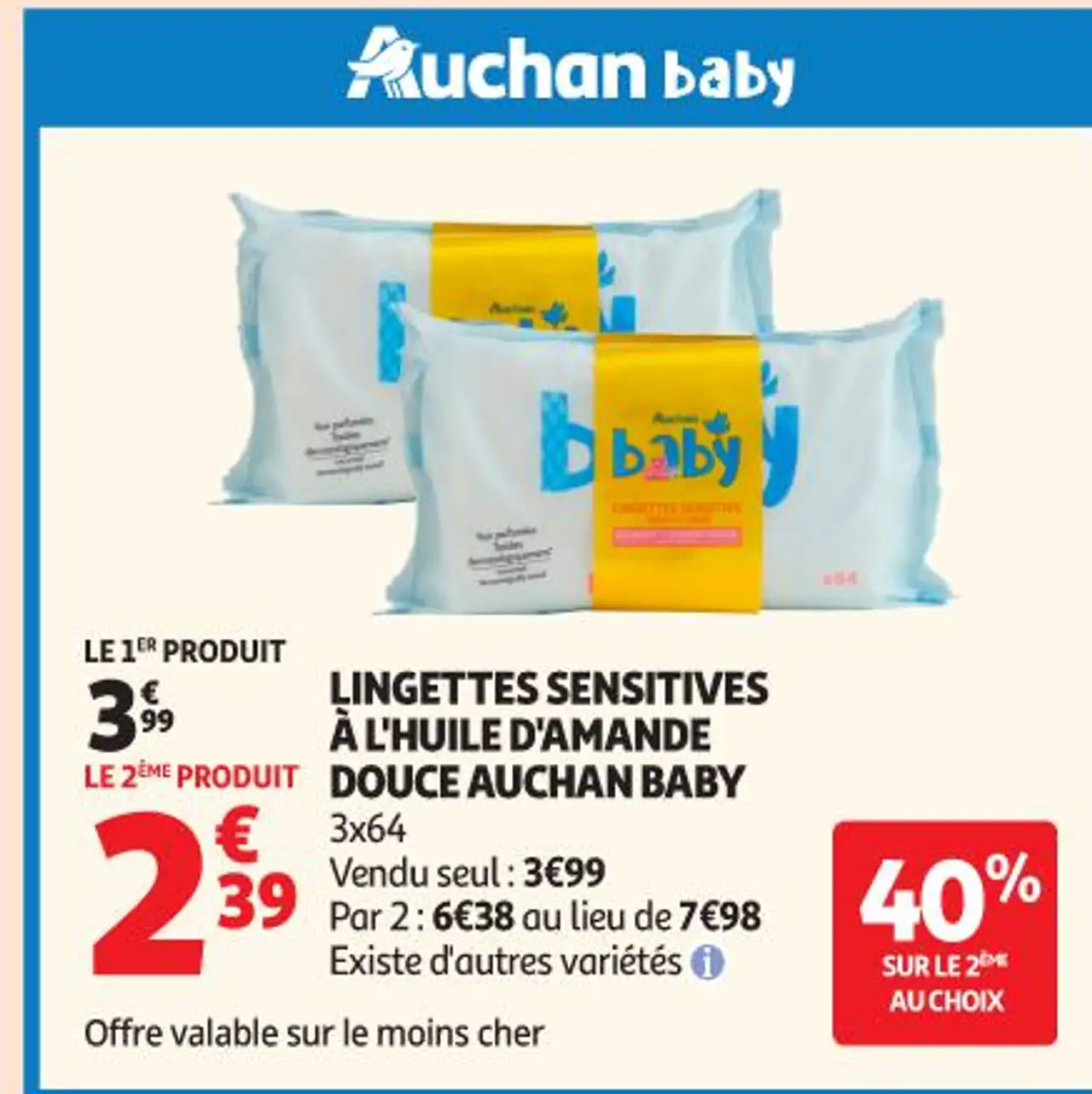 Lingettes Sensitives à l'huile d'amande douce Auchan Baby