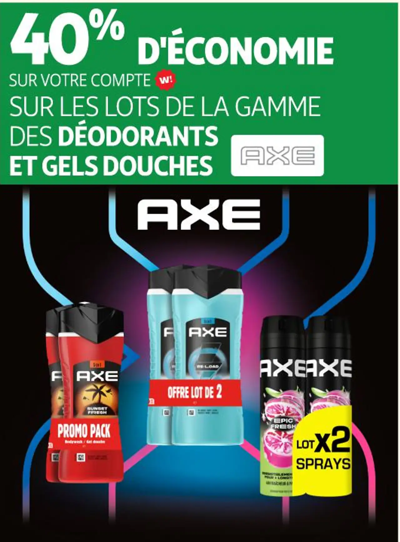 Lots de la gamme des déodorants et gels douches Axe