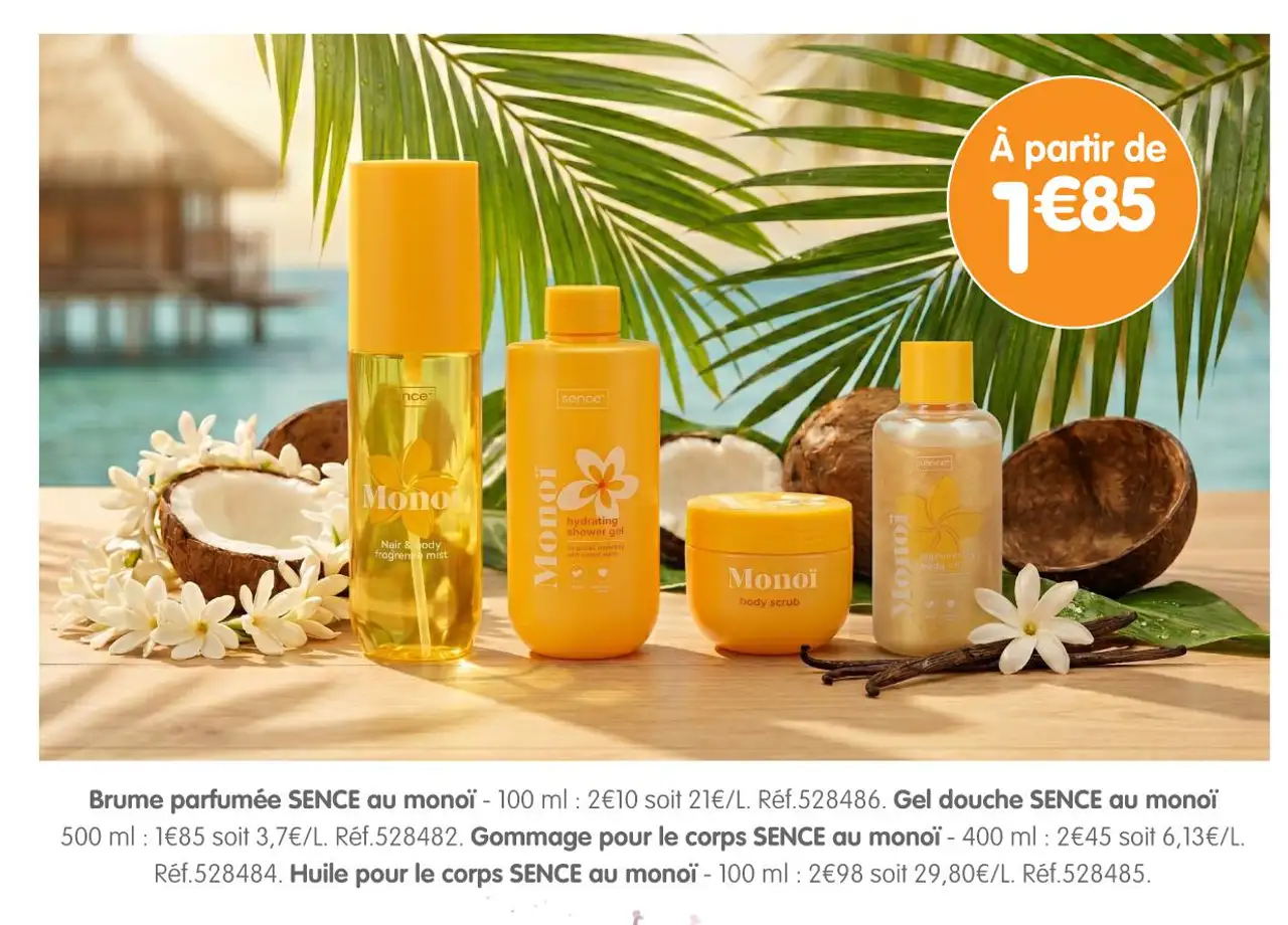 Gamme de soins au monoï SENCE (Brume parfumée, Gel douche, Gommage, Huile)