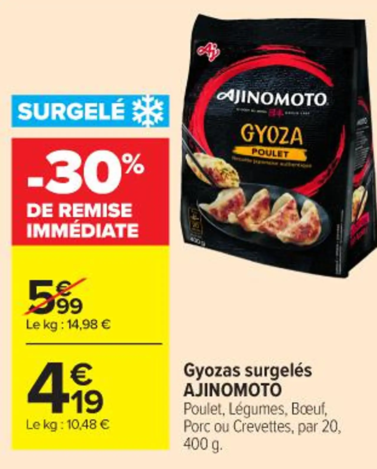 Gyozas surgelés AJINOMOTO Poulet, Légumes, Bœuf, Porc ou Crevettes