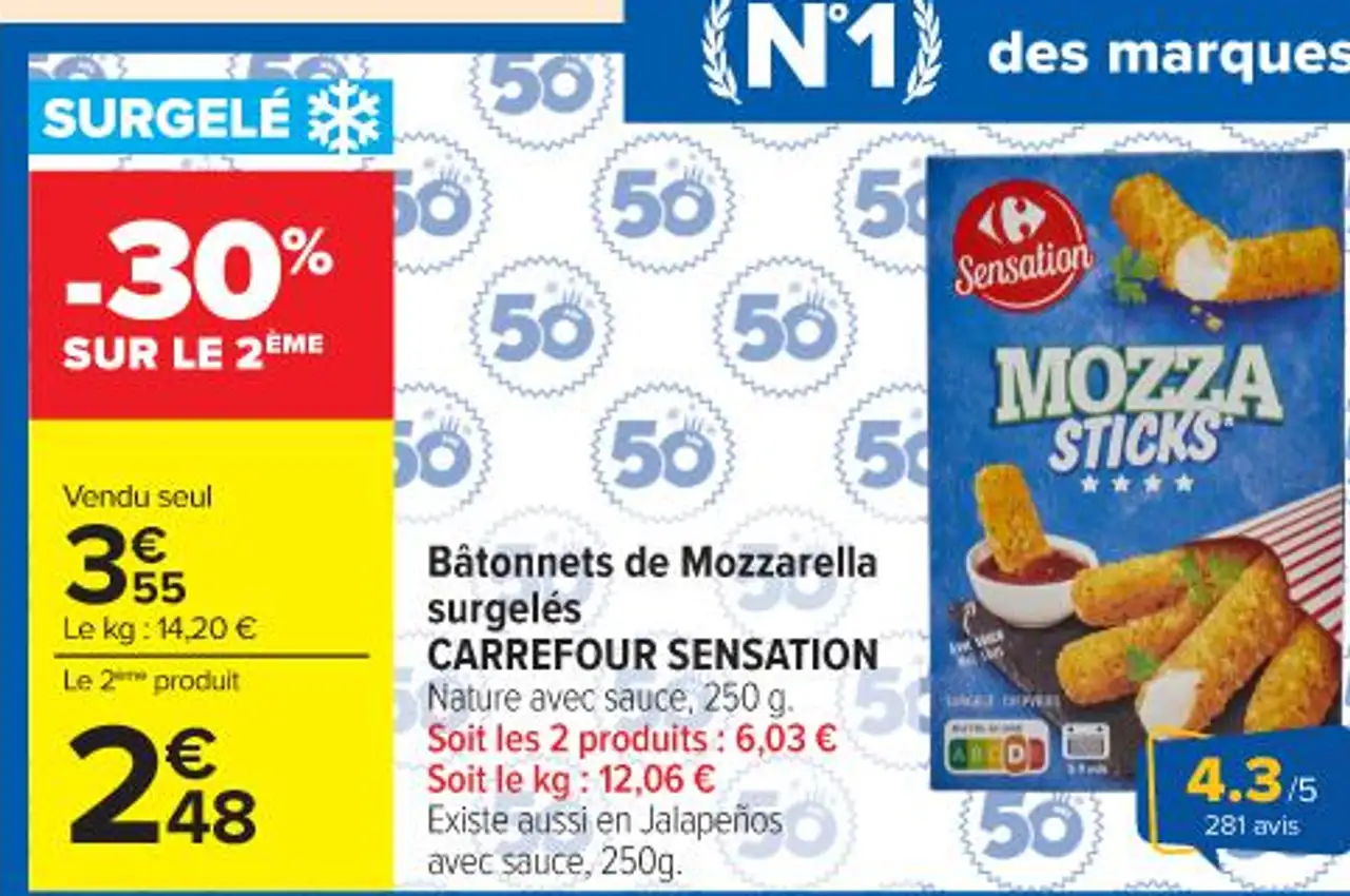 Bâtonnets de Mozzarella surgelés CARREFOUR SENSATION