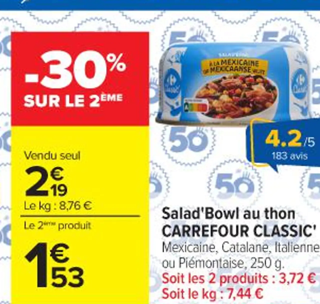 Salad'Bowl au thon CARREFOUR CLASSIC' Mexicaine, Catalane, Italienne ou Piémontaise