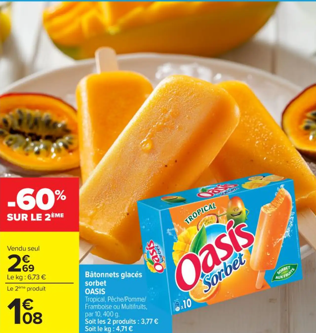 Bâtonnets glacés sorbet OASIS Tropical, Pêche/Pomme/Framboise ou Multifruits