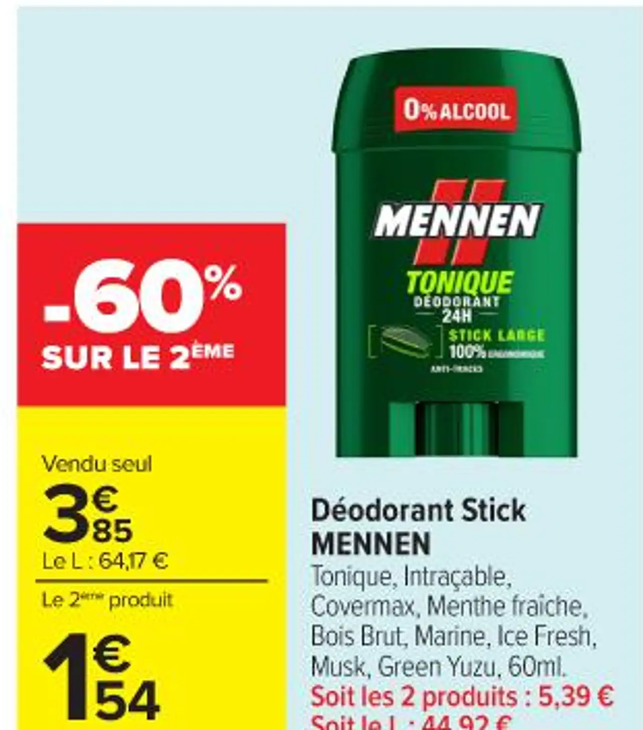 Déodorant Stick MENNEN Tonique, Intraçable, Covermax, Menthe fraiche, Bois Brut, Marine, Ice Fresh, Musk, Green Yuzu