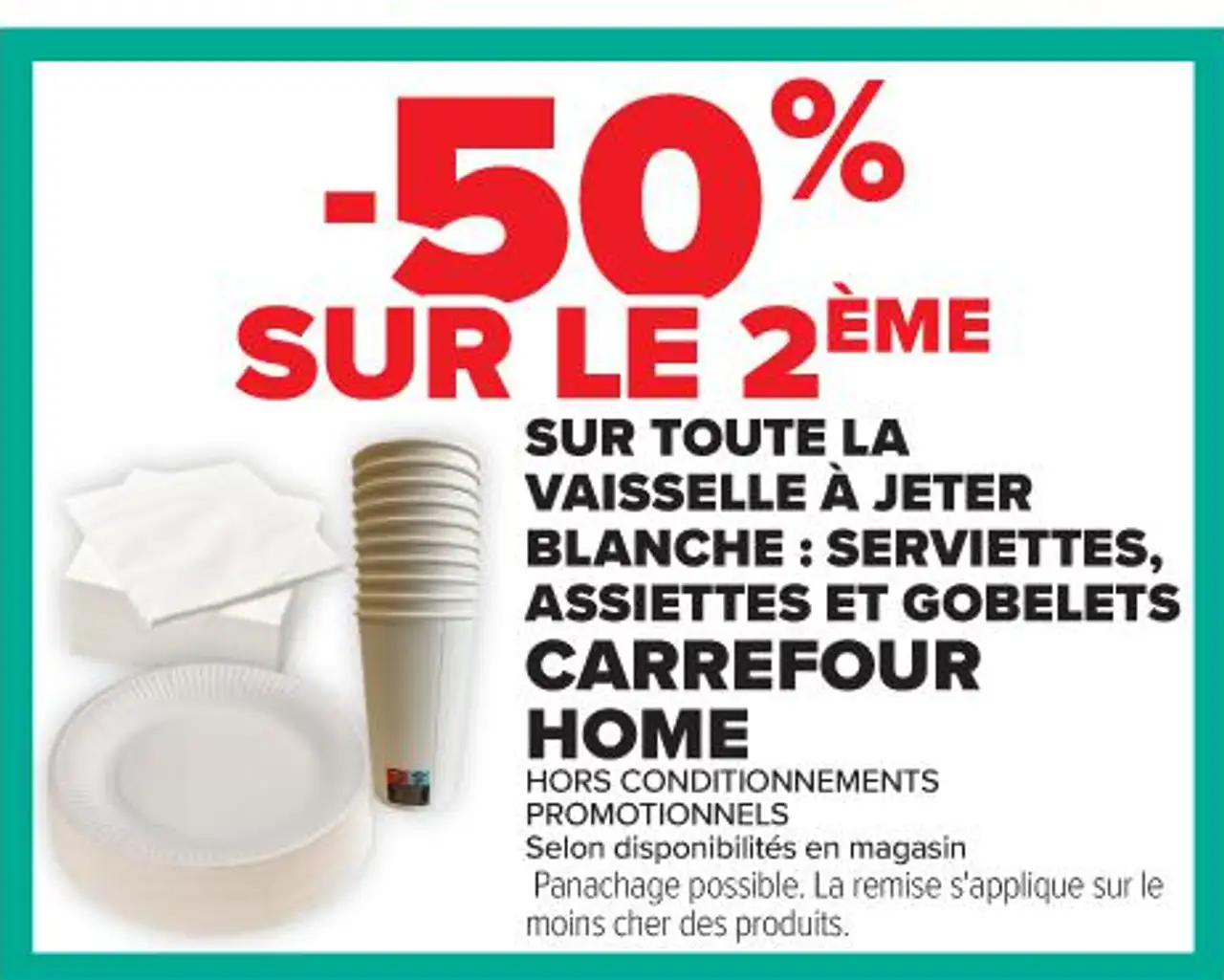 Vaisselle à jeter blanche : serviettes, assiettes et gobelets CARREFOUR HOME