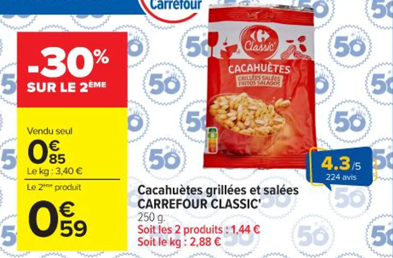 Cacahuètes grillées et salées CARREFOUR CLASSIC
