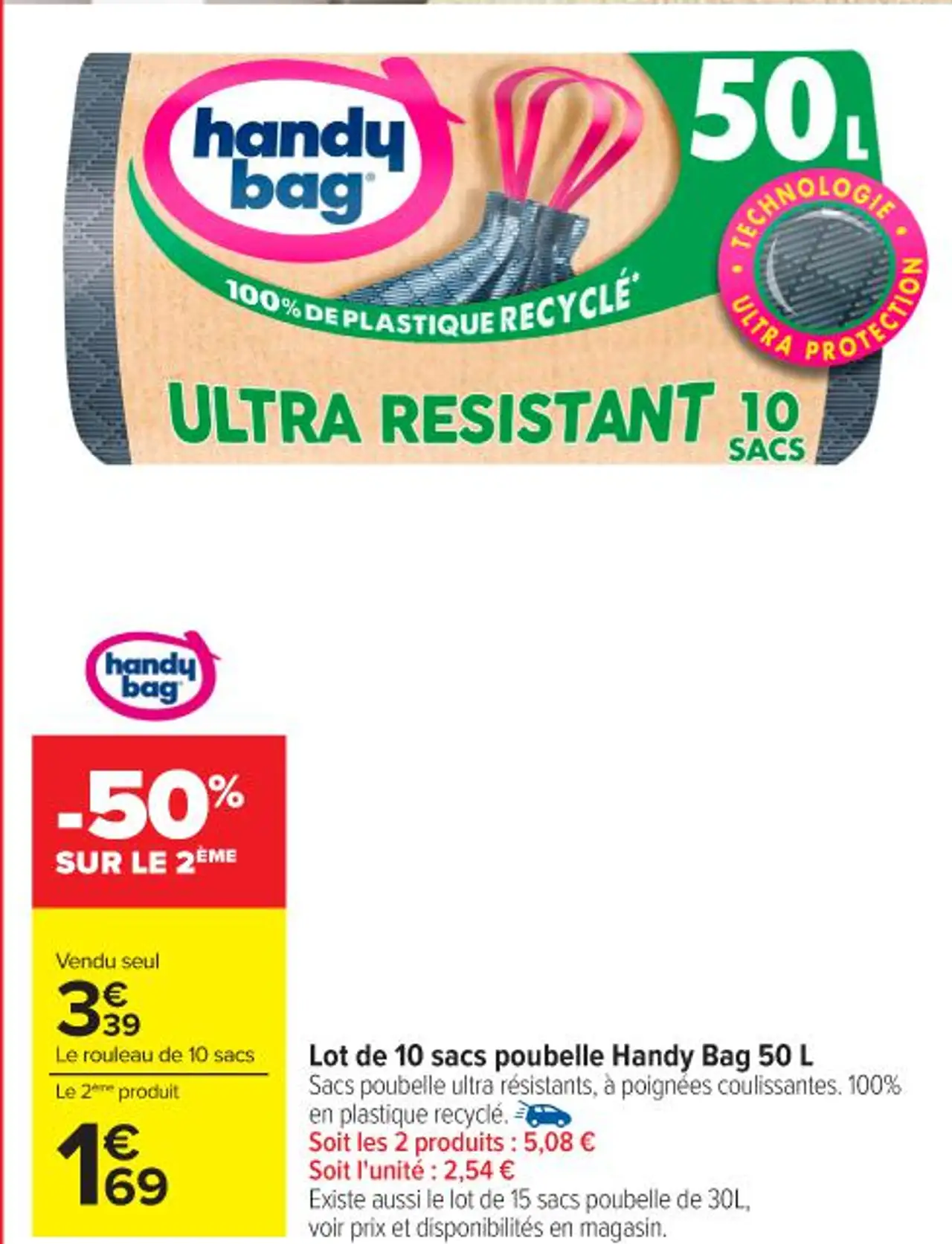 Handy Bag Lot de 10 sacs poubelle 50 L