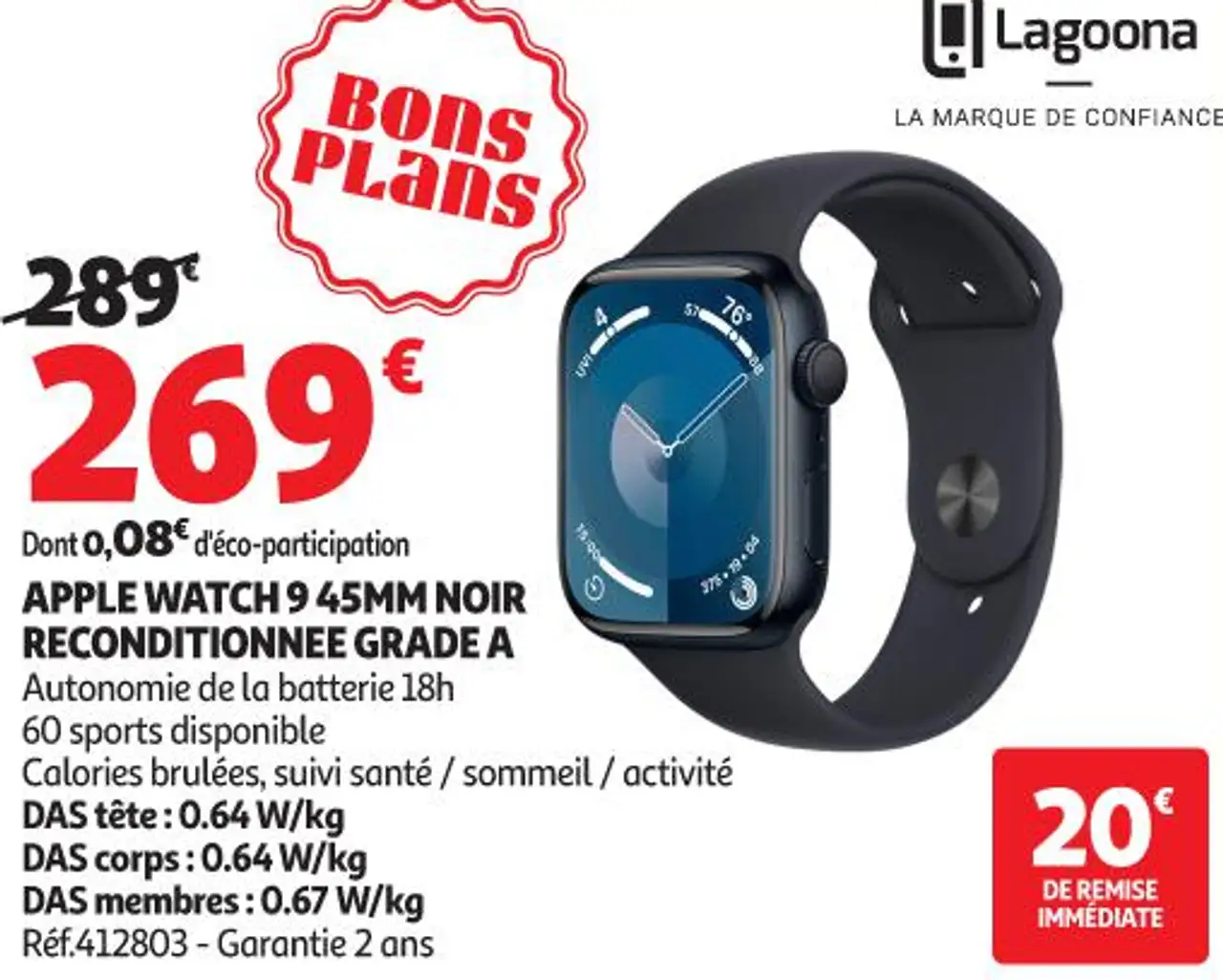 APPLE WATCH 9 45MM NOIR RECONDITIONNEE GRADE A