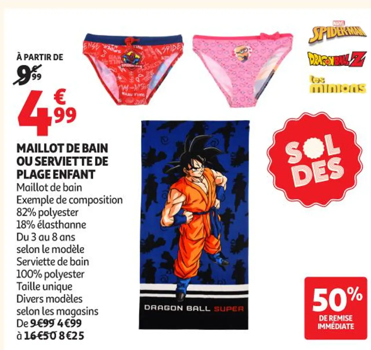 Maillot de bain ou serviette de plage enfant Spiderman, Dragon Ball ou les Minions