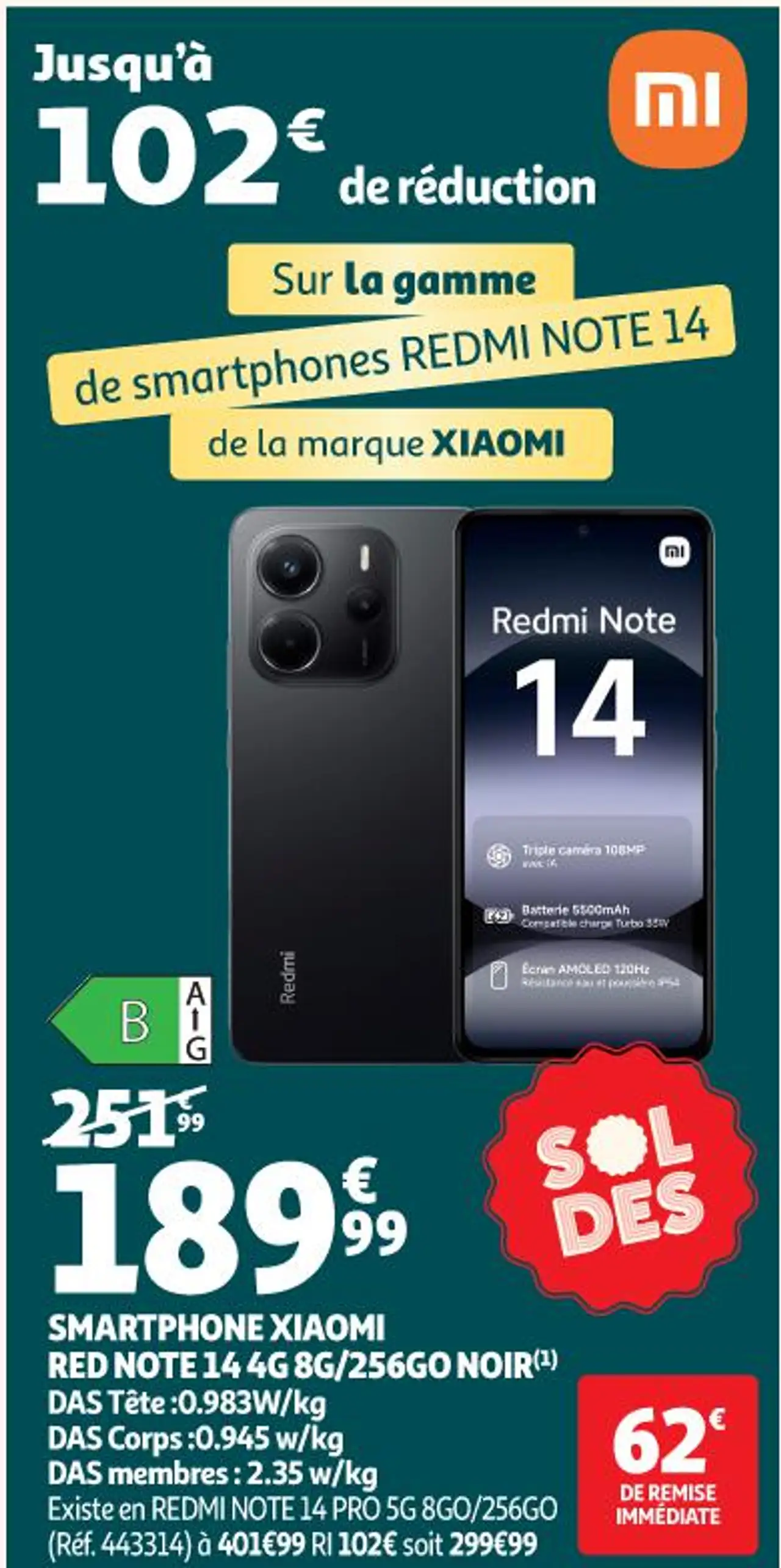 SMARTPHONE XIAOMI RED NOTE 14 4G 8G/256GO NOIR