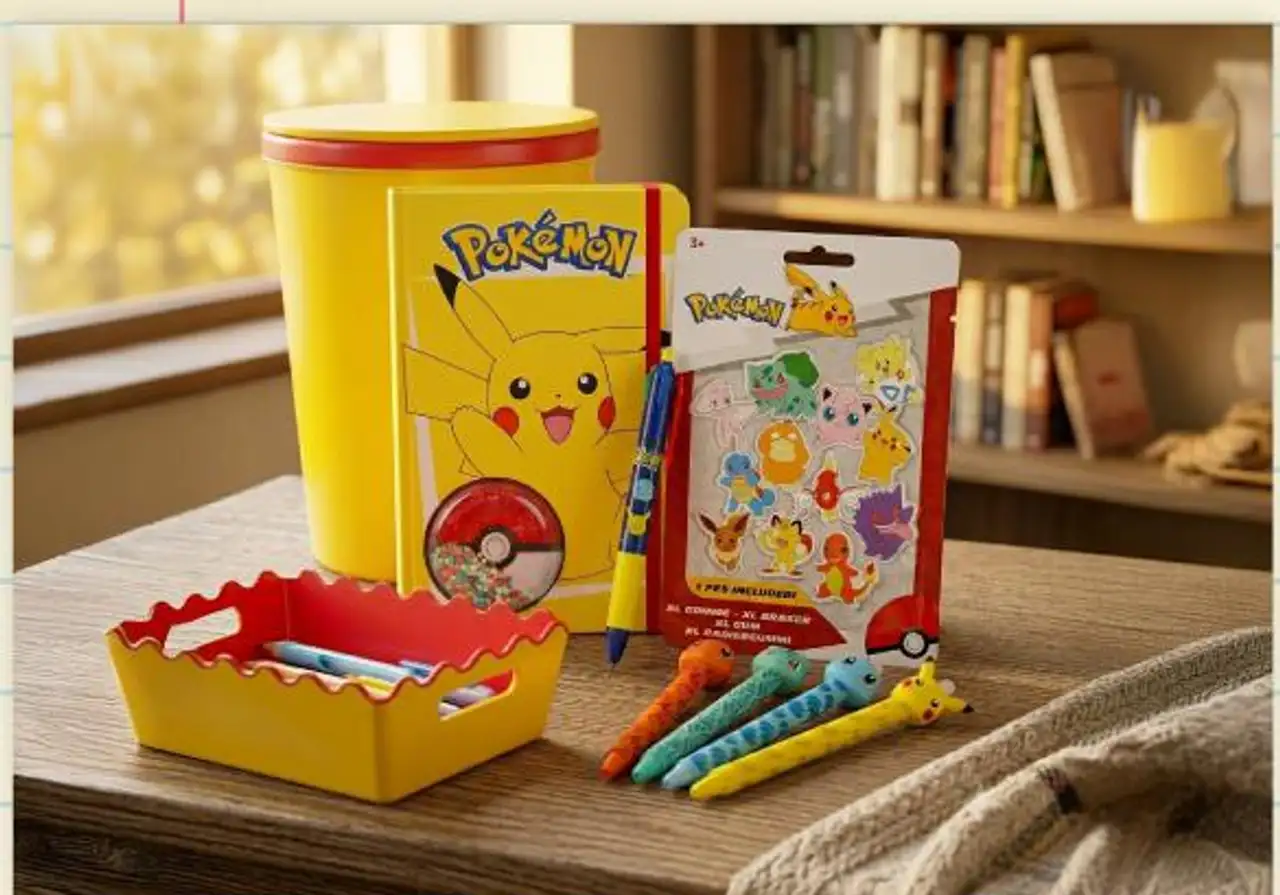 Lot Pokémon : Agenda, Petite poubelle de bureau, Pannière de rangement, Gomme XXL, Stylo avec topper, Set de papeterie & Stylo 4 couleurs