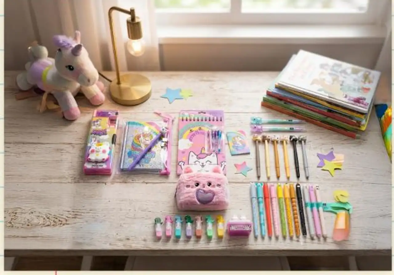 Lot Kawaii : Trousse Kawai, Slime avec deux mini squishes, Pochette de 6 surligneurs, Trousse avec taille-crayon & bouton souple, Journal intime Kawai, Cahier + 4 stylos + stickers, Lot de 4 stylos effçables animaux & Lot de 3 stylos topper