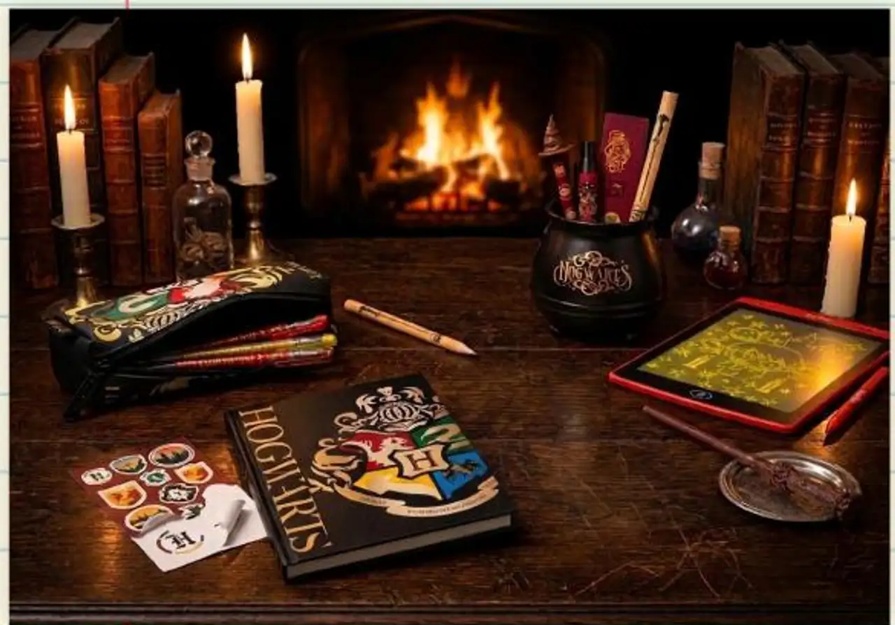 Lot Harry Potter : Set de papeterie chaudron, Stylo baguette, Trousse, Set de papeterie + autocollant, Tablette de dessin, carnet de note & Lot de 4 stylos