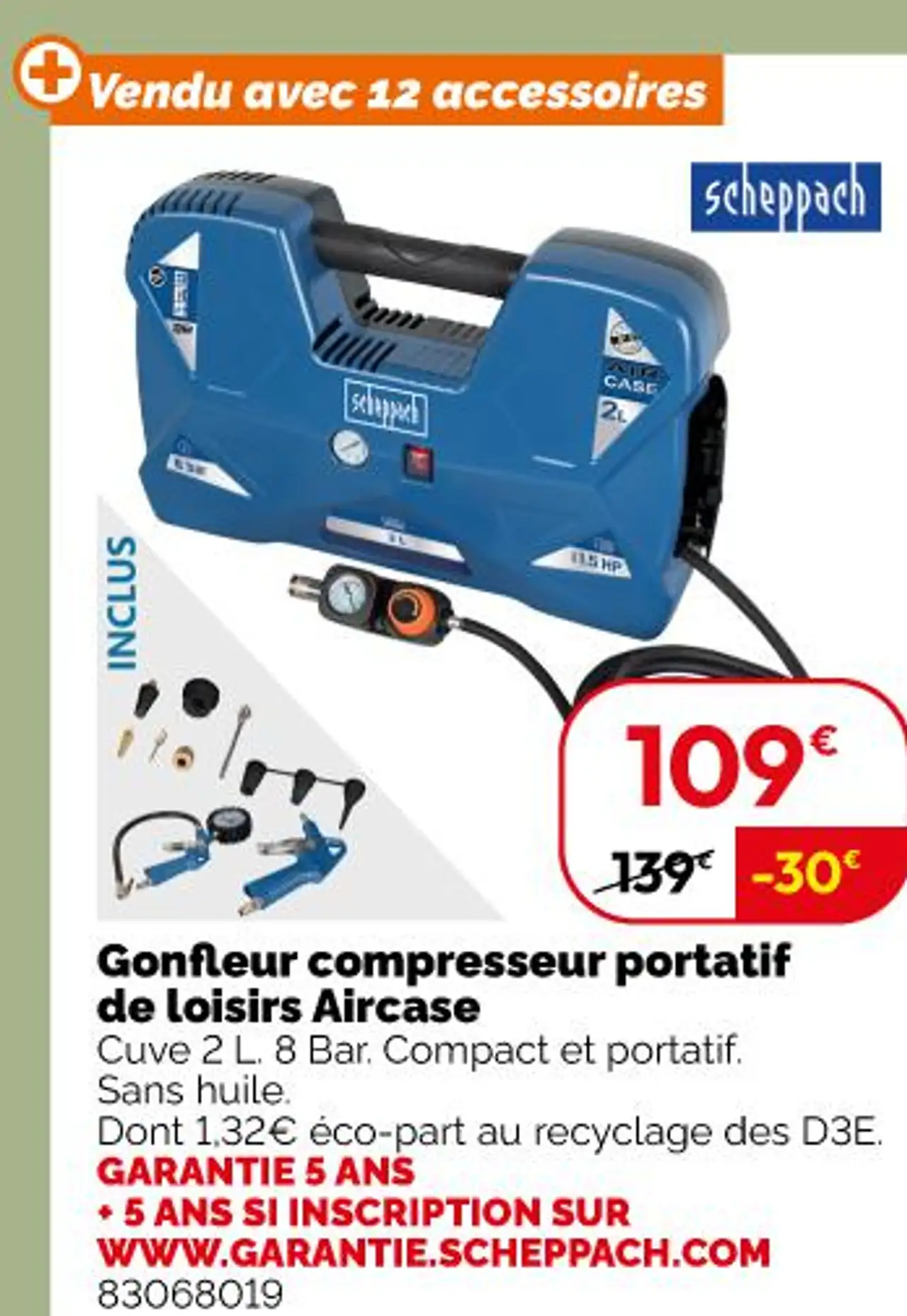 Gonfleur compresseur portatif de loisirs Aircase Scheppach