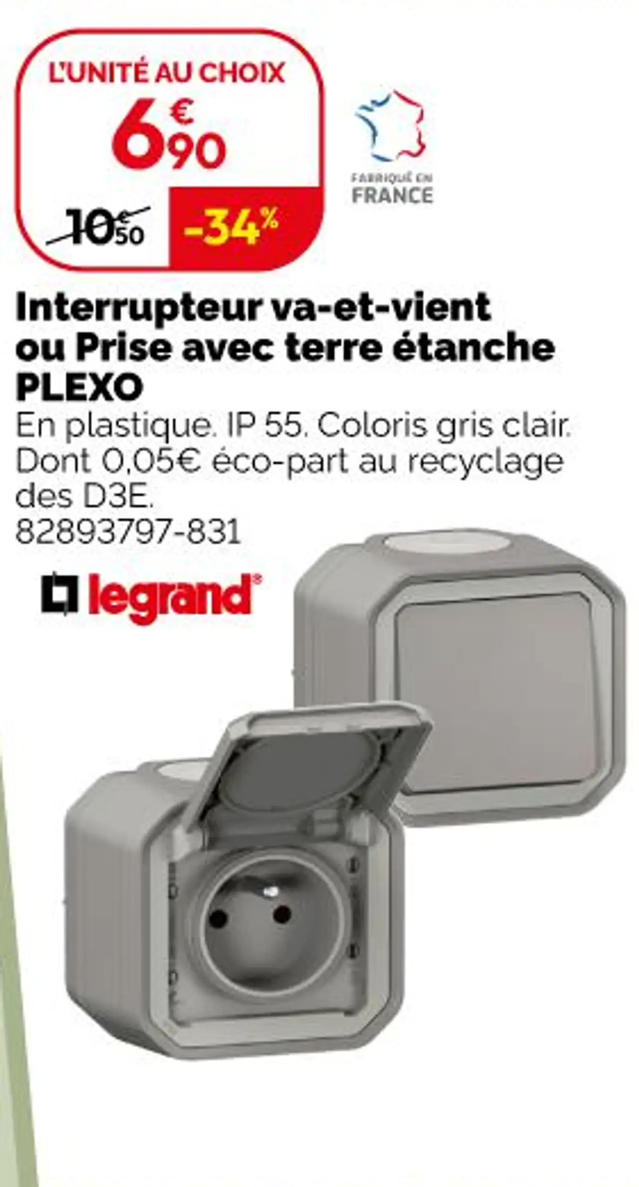 Interrupteur va-et-vient ou Prise avec terre étanche PLEXO Legrand