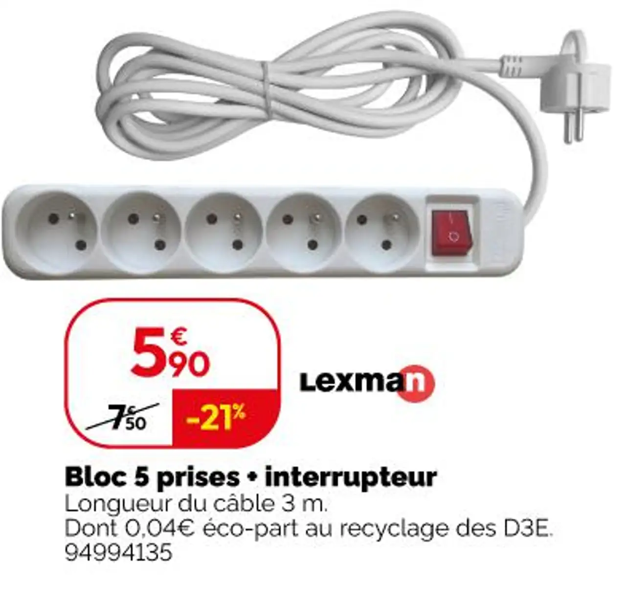 Lexman Bloc 5 prises + interrupteur