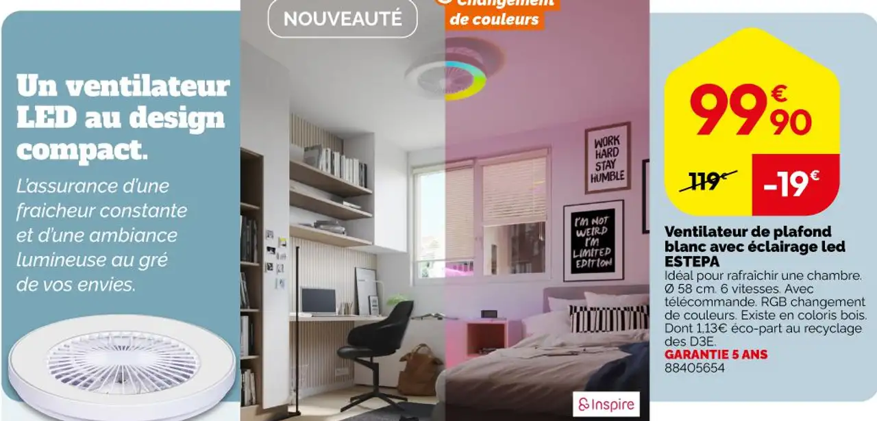 Ventilateur de plafond blanc avec éclairage led ESTEPA