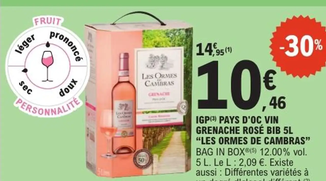 IGP PAYS D'OC VIN GRENACHE ROSÉ BIB 5L "LES ORMES DE CAMBRAS"