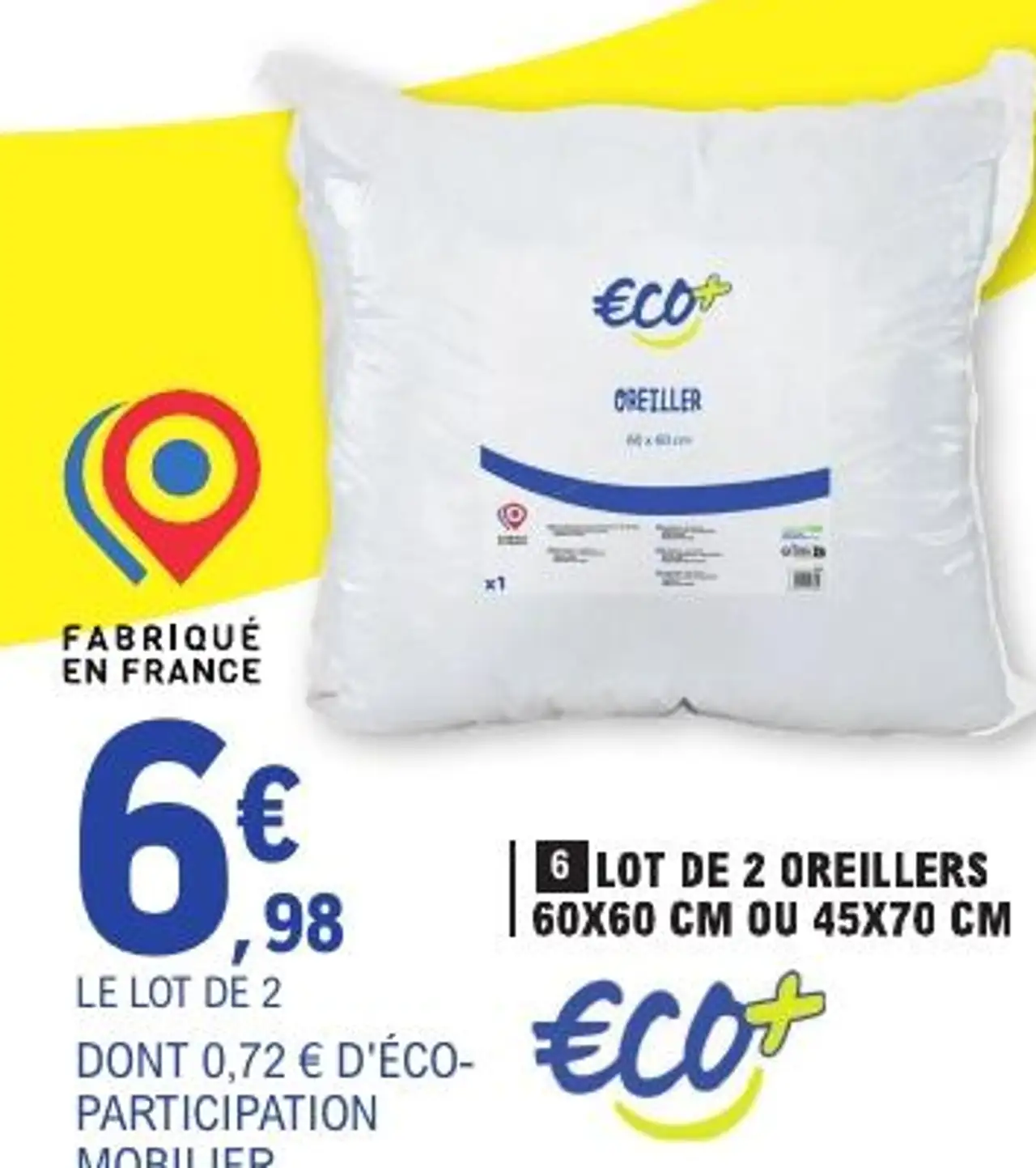 Eco+ Lot de 2 oreillers 60x60 cm ou 45x70 cm