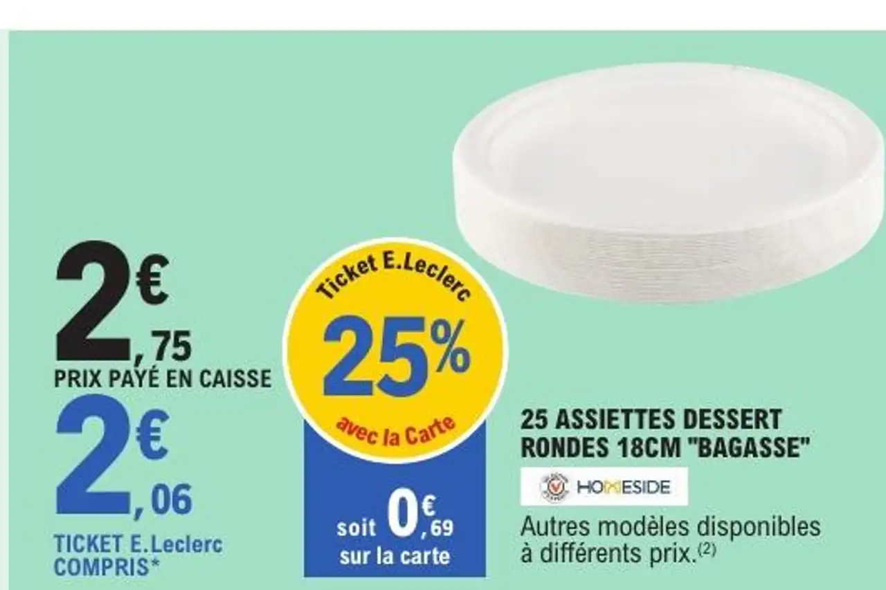 25 assiettes dessert rondes 18cm "Bagasse" Homeside