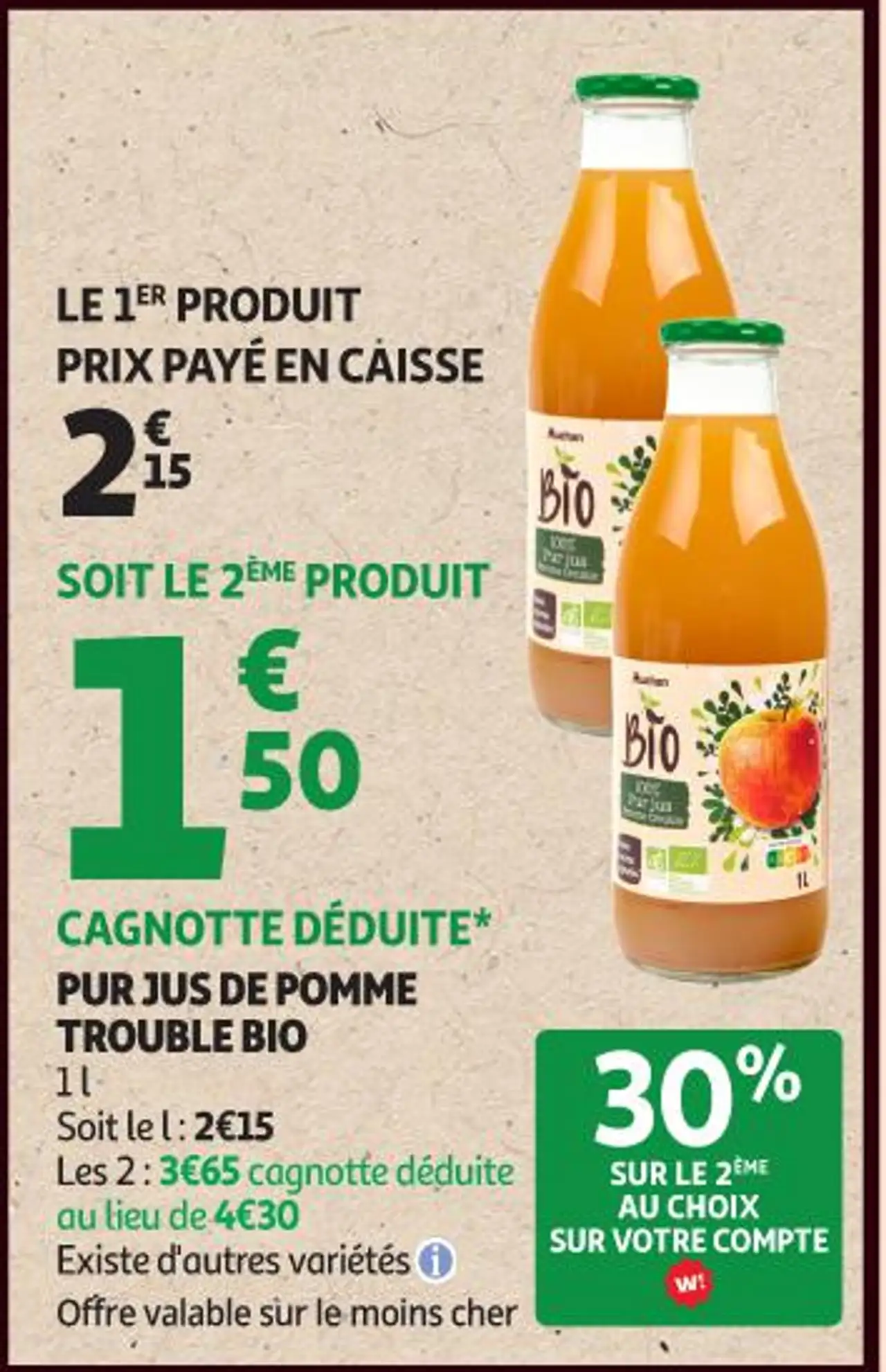 PUR JUS DE POMME TROUBLE BIO AUCHAN