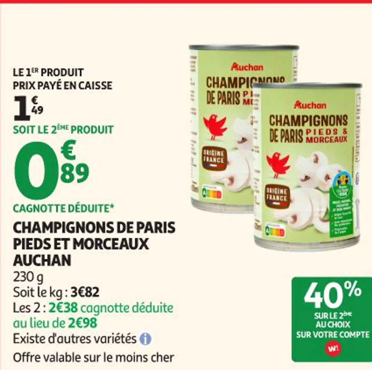 Champignons de Paris pieds et morceaux Auchan