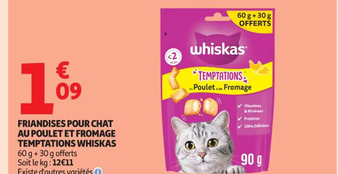 FRIANDISES POUR CHAT AU POULET ET FROMAGE TEMPTATIONS WHISKAS