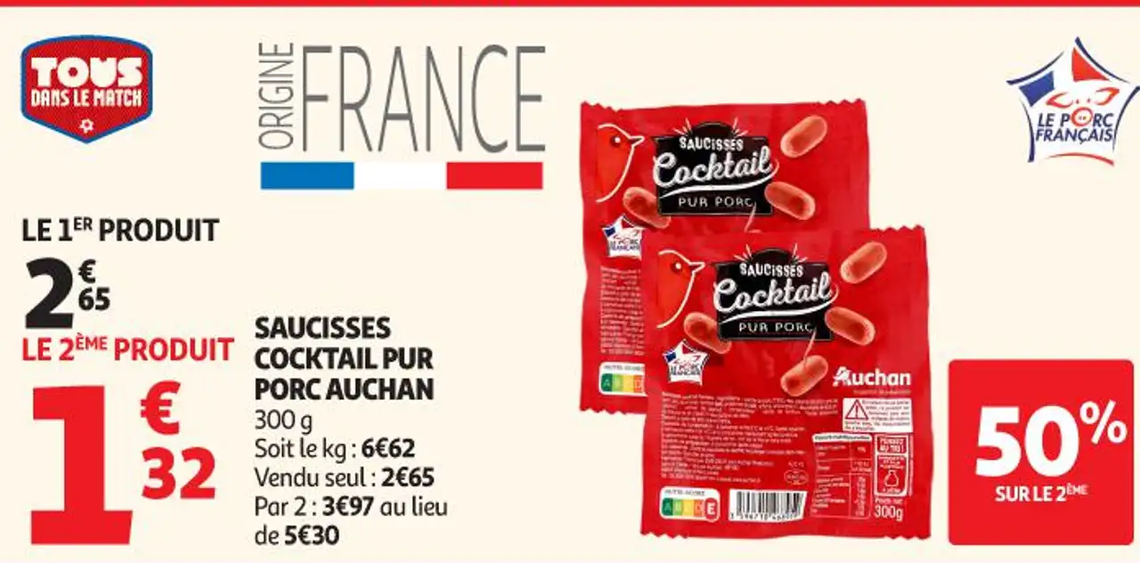 Saucisses cocktail pur porc Auchan