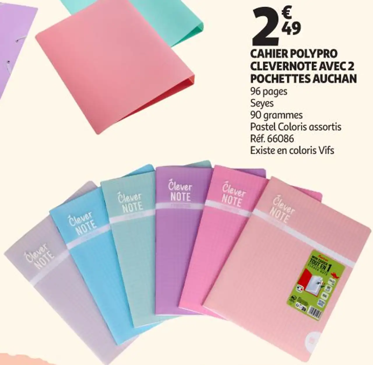 Cahier polypro Clevernote avec 2 pochettes Auchan