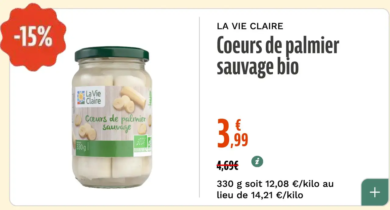 LA VIE CLAIRE Coeurs de palmier sauvage bio