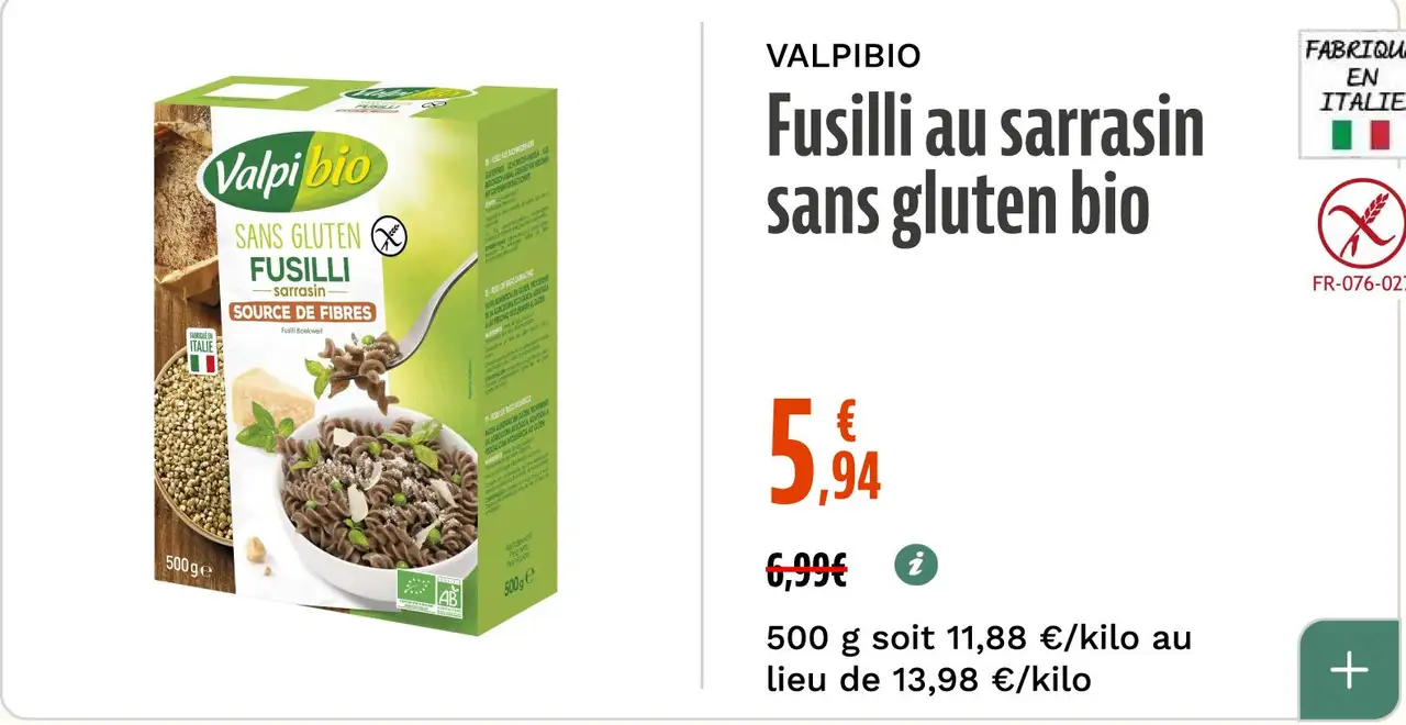 VALPIBIO Fusilli au sarrasin sans gluten bio