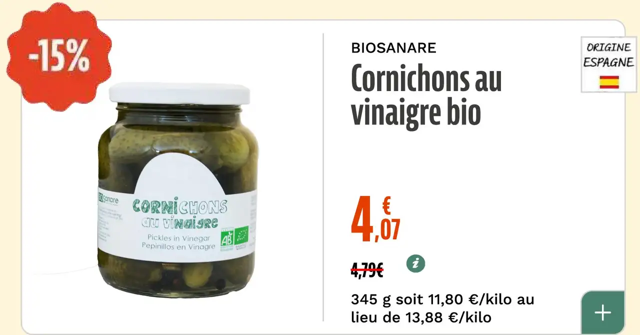 Biosanare Cornichons au vinaigre bio