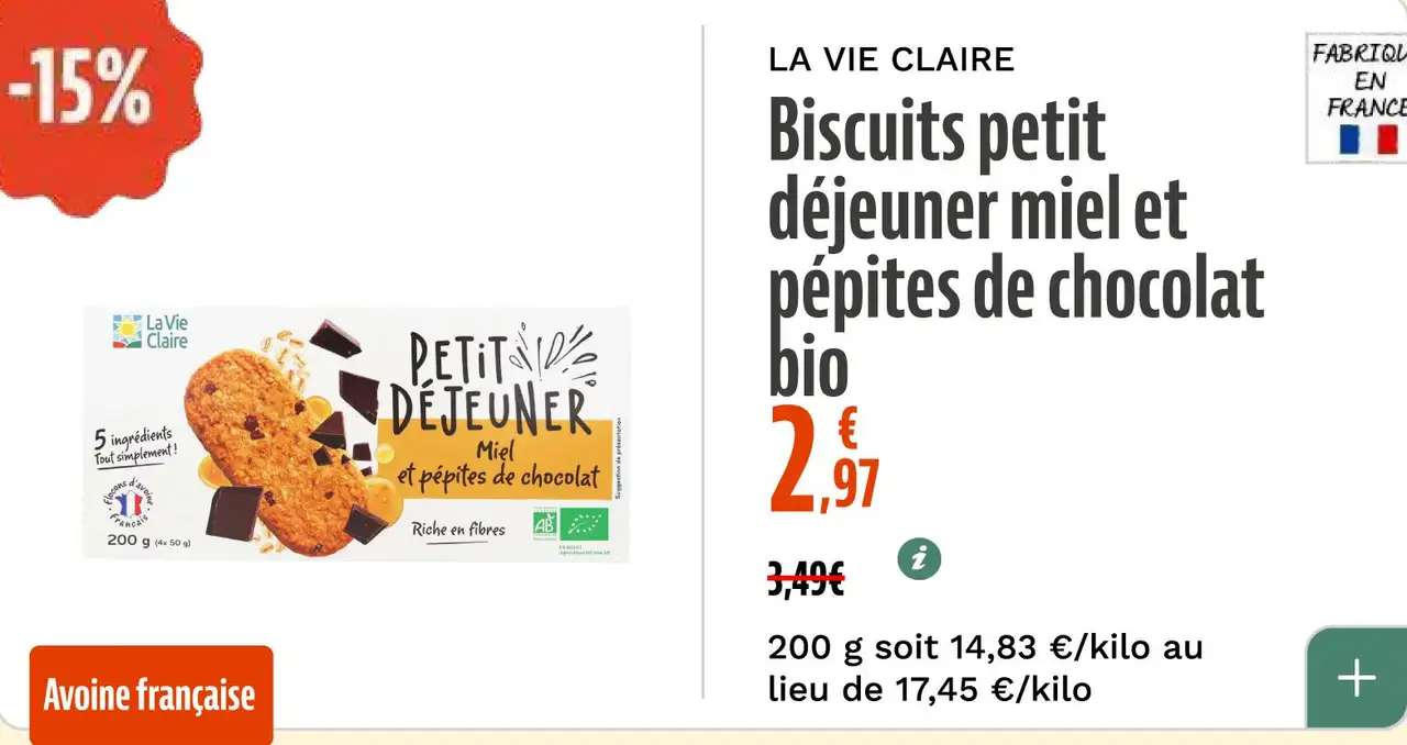 LA VIE CLAIRE Biscuits petit déjeuner miel et pépites de chocolat bio