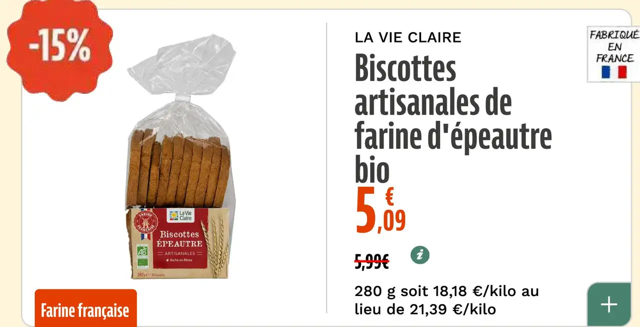 LA VIE CLAIRE Biscottes artisanales de farine d'épeautre bio