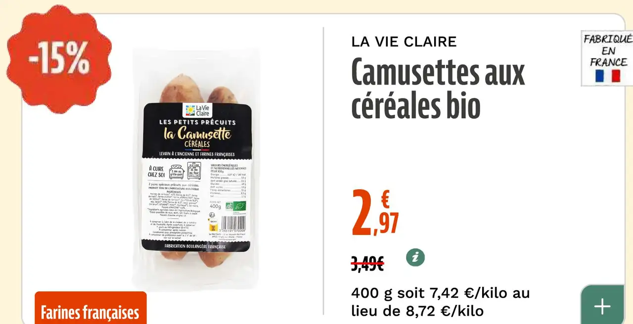 LA VIE CLAIRE Camusettes aux céréales bio