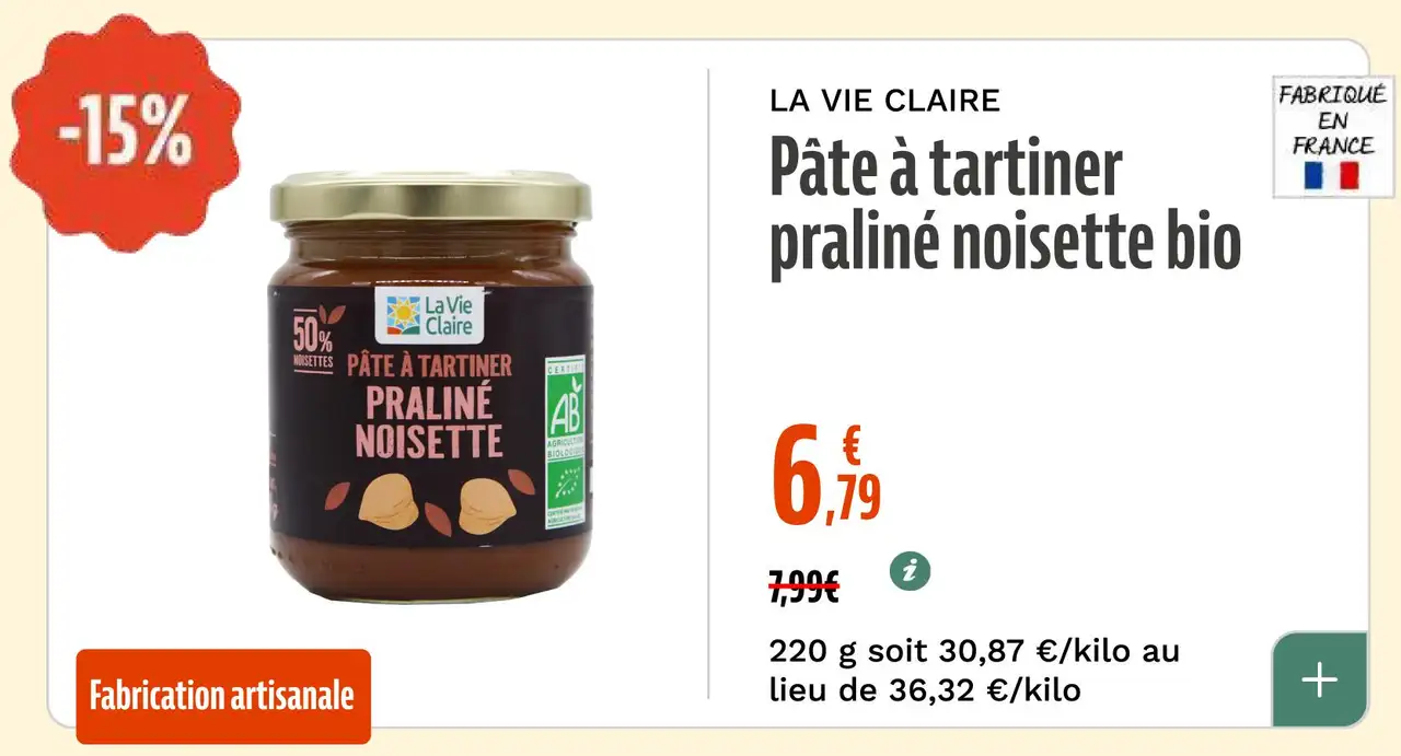 LA VIE CLAIRE Pâte à tartiner praliné noisette bio