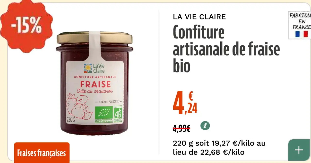 LA VIE CLAIRE Confiture artisanale de fraise bio