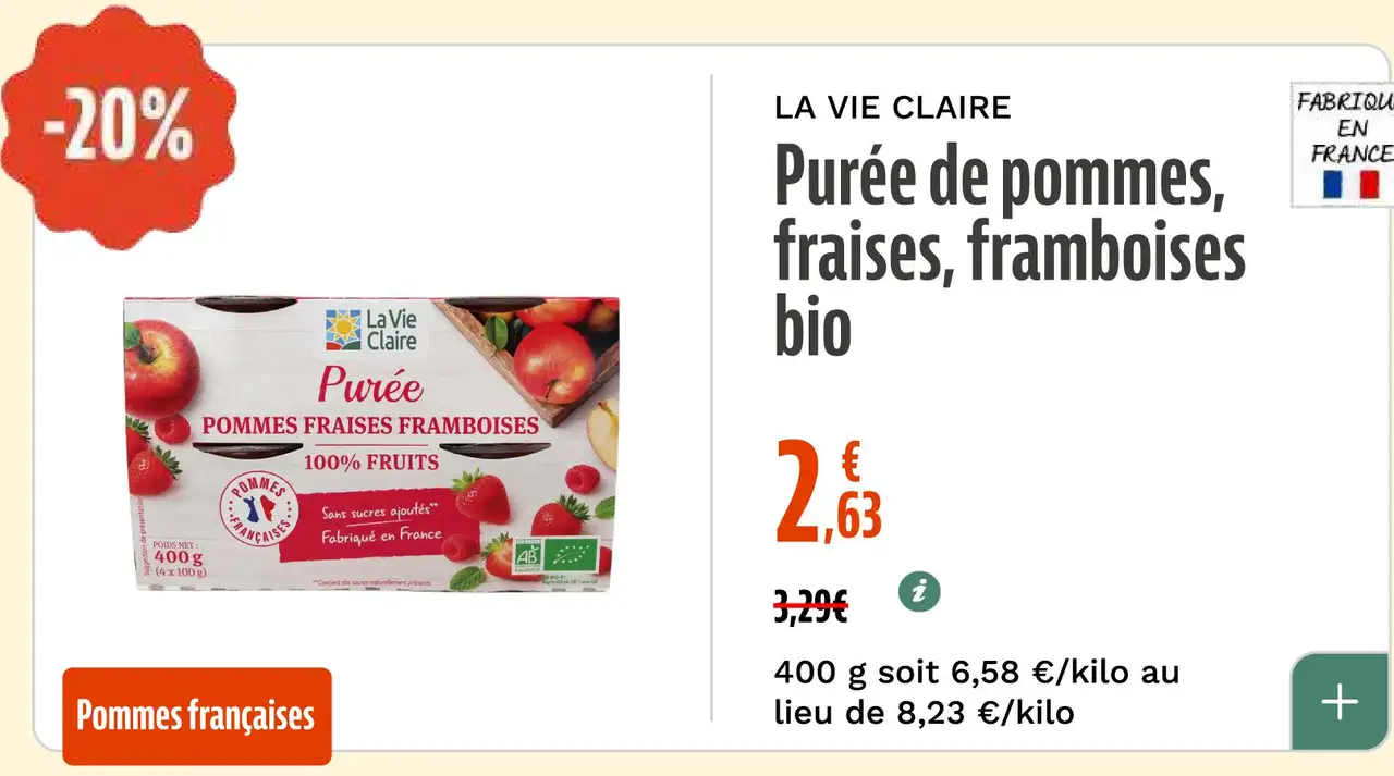 LA VIE CLAIRE Purée de pommes, fraises, framboises bio